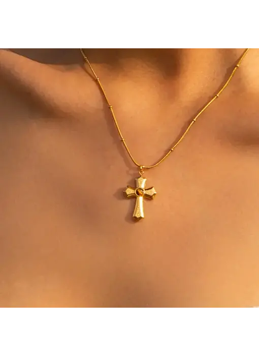 Ayla 18K Gold Cross Pendant with Cat's Eye Stone Necklace