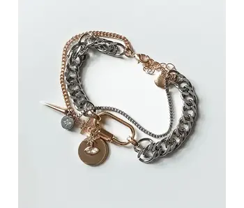 Horn & Evil Eye Carabiner, Multi Chain, Charm Bracelet Steel