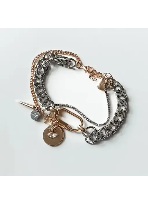 Horn & Evil Eye Carabiner, Multi Chain, Charm Bracelet Steel