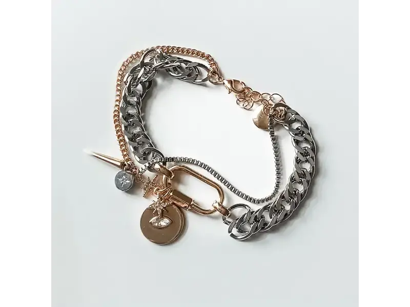 HoopLa Style Horn & Evil Eye Carabiner, Multi Chain, Charm Bracelet Steel