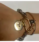 HoopLa Style Horn & Evil Eye Carabiner, Multi Chain, Charm Bracelet Steel