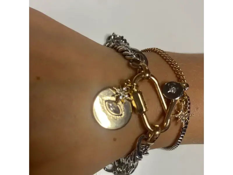 HoopLa Style Horn & Evil Eye Carabiner, Multi Chain, Charm Bracelet Steel