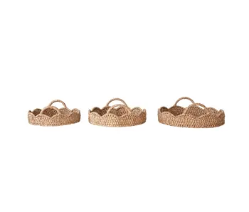 Decorative Braided Bankuan & Rattan Trays w/ Scalloped Edge & Handles - MEDIUM