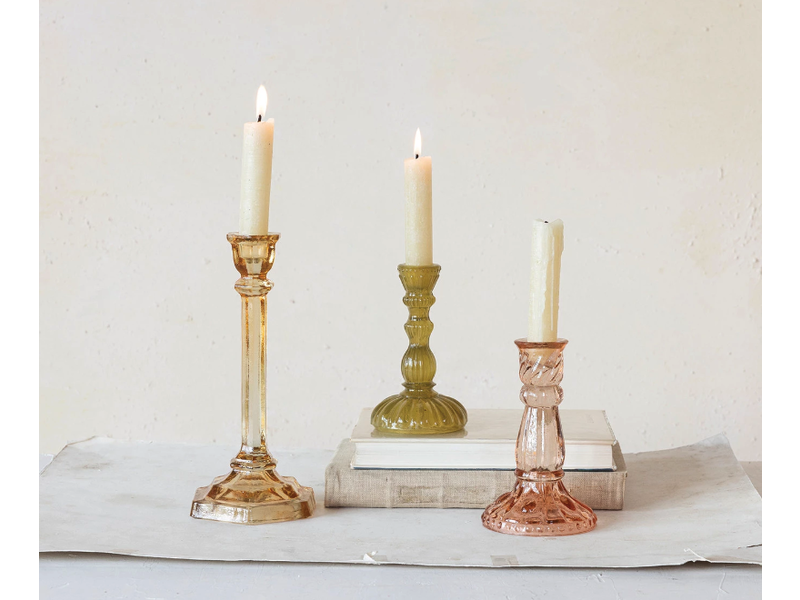 Creative Co-OP Embossed Recycled Glass Taper Holder - Pink
