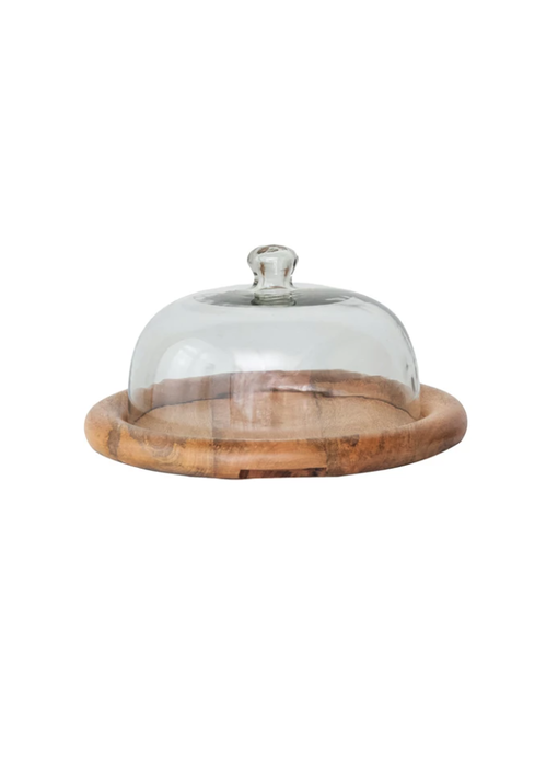Glass Cloche w/ Mango Wood Base, Natural, Set of 2