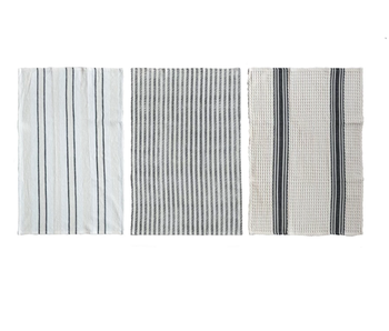 Waffle Weave/Printed Tea Towel w/ Stripes, Black & White, 3 Styles