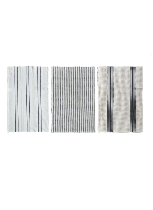 Waffle Weave/Printed Tea Towel w/ Stripes, Black & White, 3 Styles