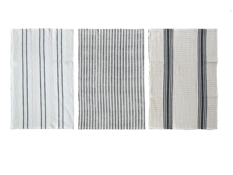 Creative Co-OP Waffle Weave/Printed Tea Towel w/ Stripes, Black & White, 3 Styles