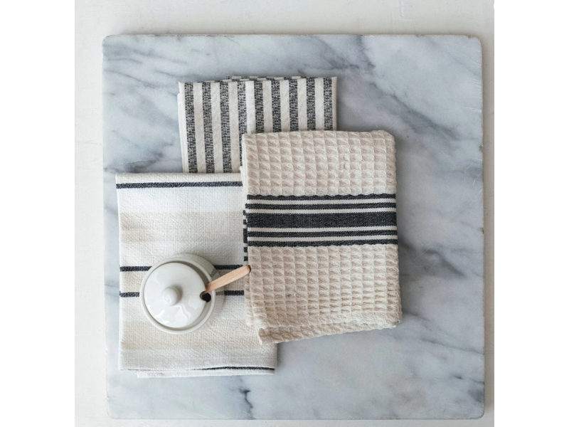 Creative Co-OP Waffle Weave/Printed Tea Towel w/ Stripes, Black & White, 3 Styles