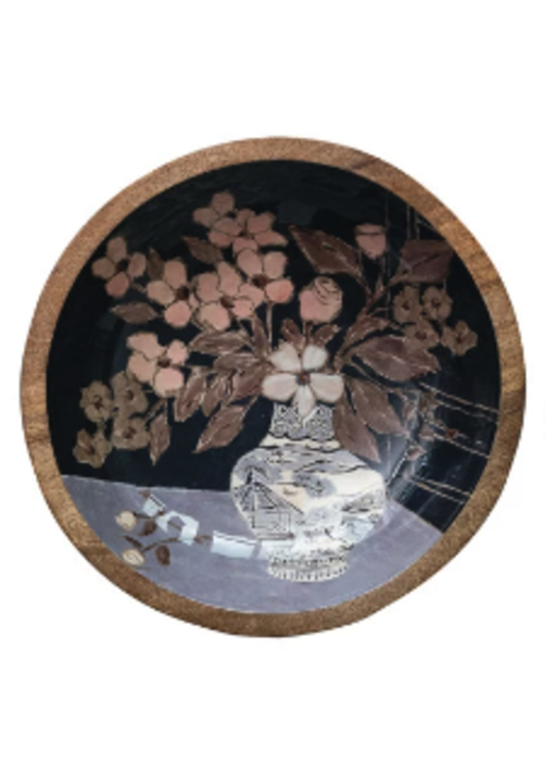 Enameled Mango Wood Bowl w/ Flowers in Vase, Medium