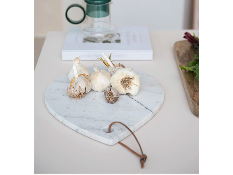 Creative Co-OP White Marble Cheese/Cutting Board w/ Handle & Leather Tie