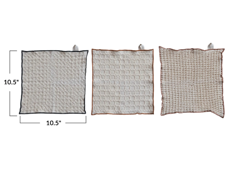 Creative Co-OP Square Cotton Waffle Weave Dish Cloths w/ Colored Edge, Set of 3