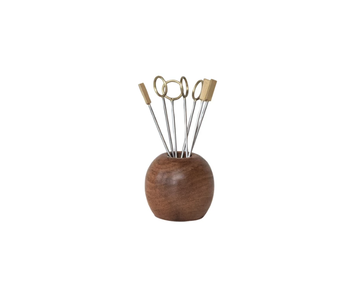 Mango Wood Holder w/ (8) Stainless Steel & Brass Appetizer Picks, Set of 9