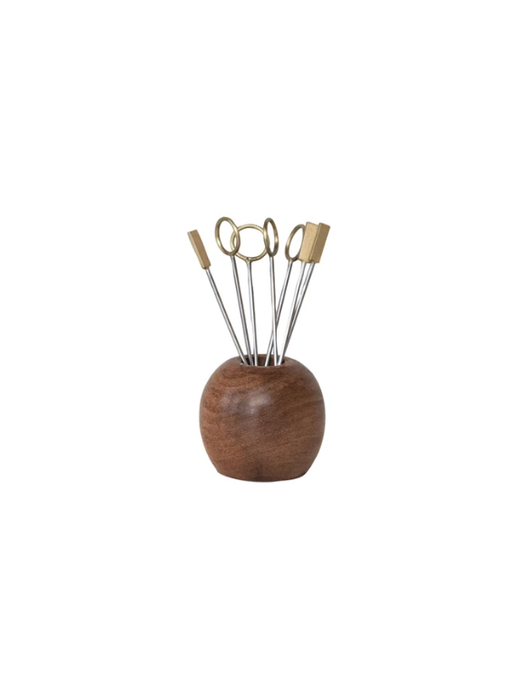 Mango Wood Holder w/ (8) Stainless Steel & Brass Appetizer Picks, Set of 9