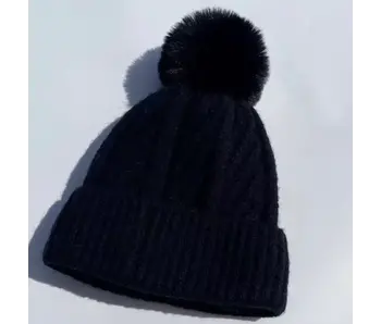 Fuzzy Knitted Pom Beanie Hats- Black