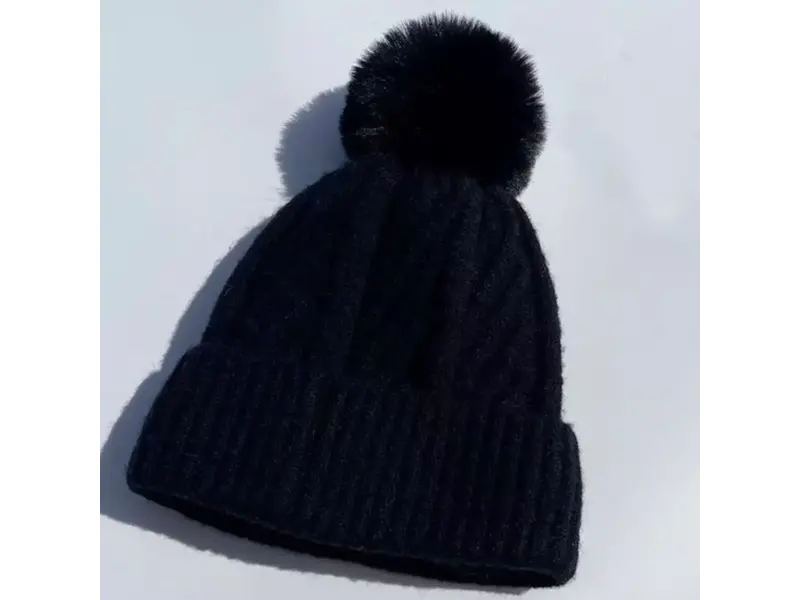 LoveLina Fuzzy Knitted Pom Beanie Hats- Black