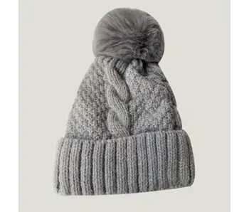 Fuzzy Knitted Pom Beanie Hats- Grey
