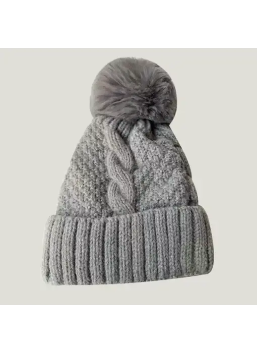 Fuzzy Knitted Pom Beanie Hats- Grey