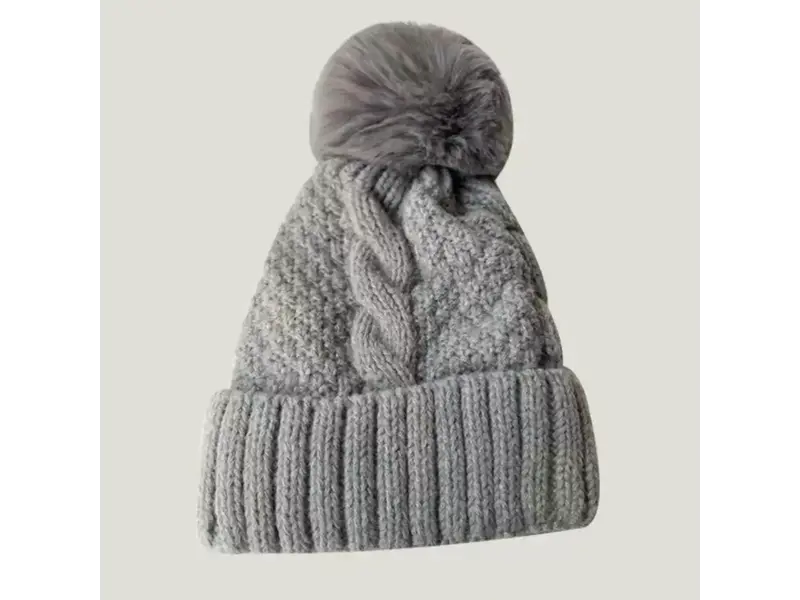 LoveLina Fuzzy Knitted Pom Beanie Hats- Grey