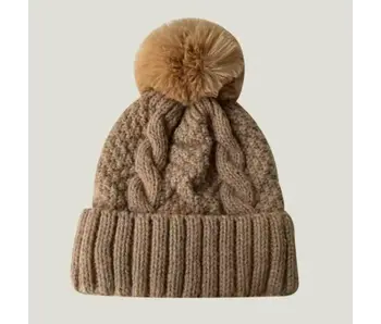 Fuzzy Knitted Pom Beanie Hats- Light Brown
