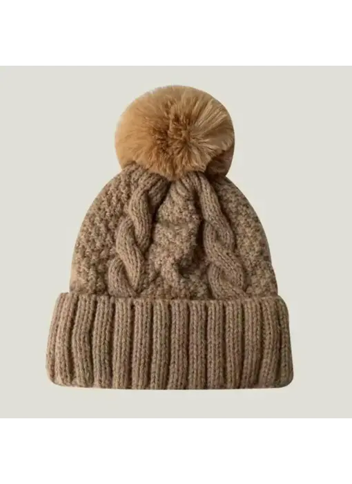 Fuzzy Knitted Pom Beanie Hats- Light Brown