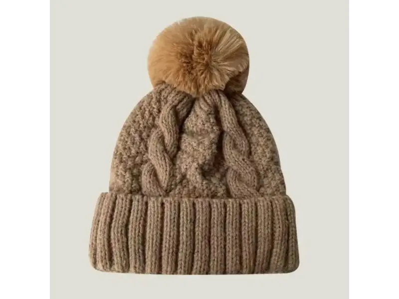 LoveLina Fuzzy Knitted Pom Beanie Hats- Light Brown