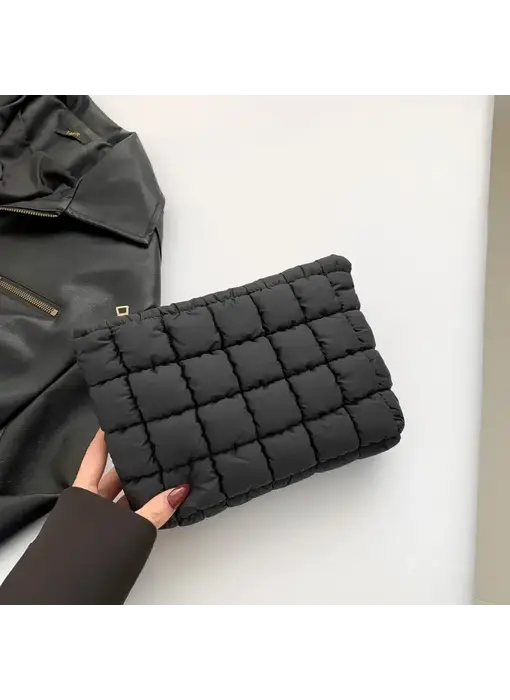 Quilted Puffy Cosmetic Makeup Pouch Clutch Bag - Blacklack