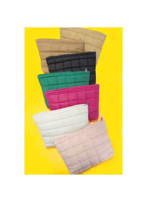 Quilted Puffy Cosmetic Makeup Pouch Clutch Bag - Tan