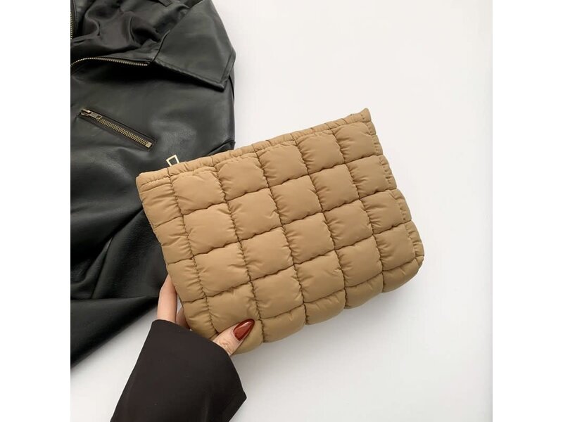 JOSSLYN Quilted Puffy Cosmetic Makeup Pouch Clutch Bag - Tan