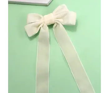 Soft Long Velvet Ribbon Bow Hair Clips - Off White