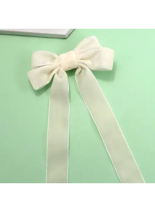 Soft Long Velvet Ribbon Bow Hair Clips - Off White