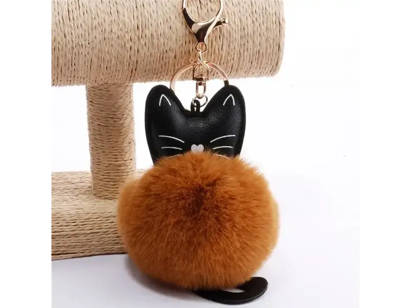 FurDecoration Adorable Cat Pom Pom Ball Keychain - Coffee