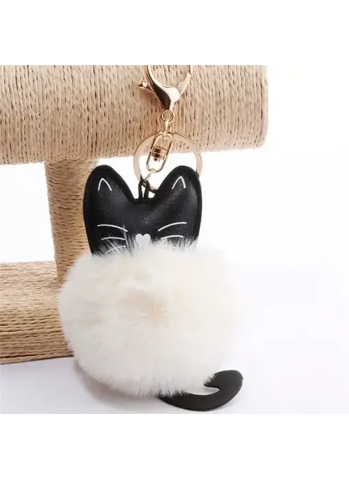 Adorable Cat Pom Pom Ball Keychain - Creamy