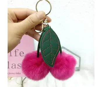 Fluffy Cherry Rex Rabbit Fur Keychain - Rose Red