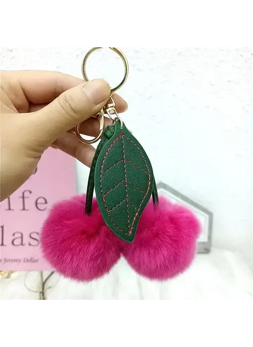 Fluffy Cherry Rex Rabbit Fur Keychain - Rose Red