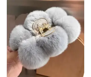 Fluffy Rex Rabbit Fur Large Hair Claw - Gray