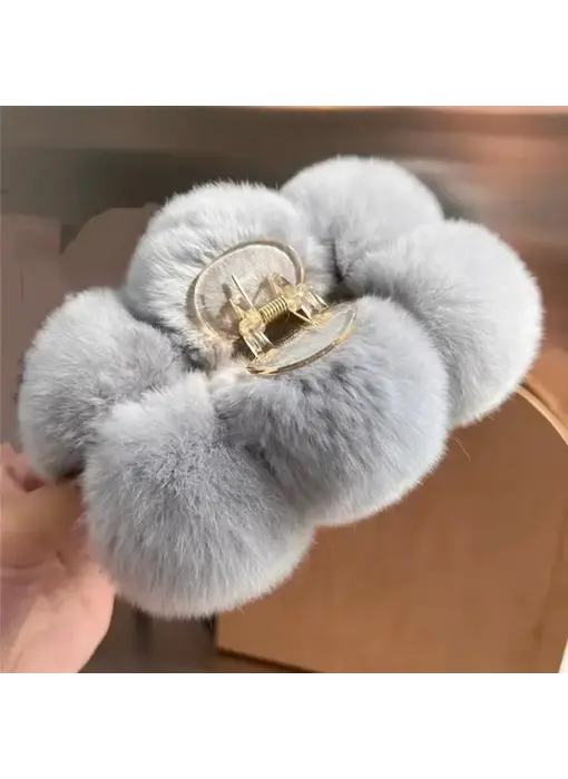 Fluffy Rex Rabbit Fur Large Hair Claw - Gray