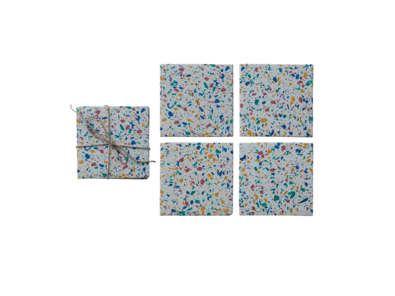 Creative Co-OP Resin & Terrazzo Coasters, Set of 4 Tied with Jute