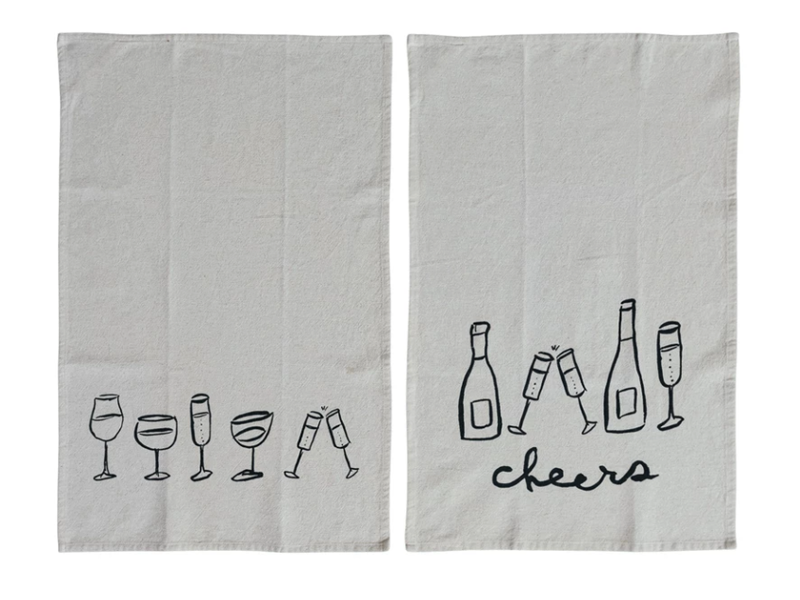 Creative Co-OP Cotton & Linen Printed Tea Towel w/ Wine Art, 2 Styles (Sold Separately)