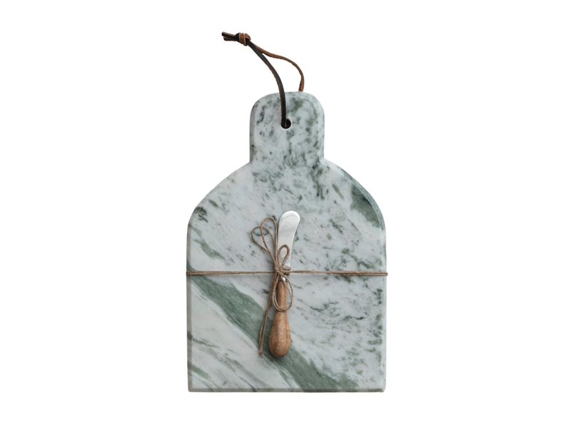 Creative Co-OP Marble Cheese/Cutting Board w/ Canape Knife, Green Melange, Set of 2