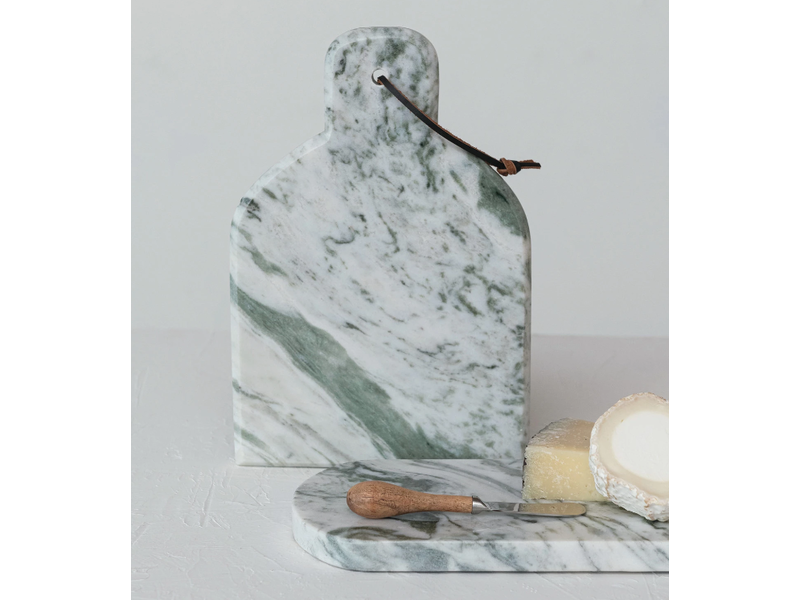 Creative Co-OP Marble Cheese/Cutting Board w/ Canape Knife, Green Melange, Set of 2