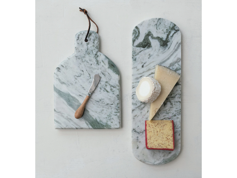 Creative Co-OP Marble Cheese/Cutting Board w/ Canape Knife, Green Melange, Set of 2