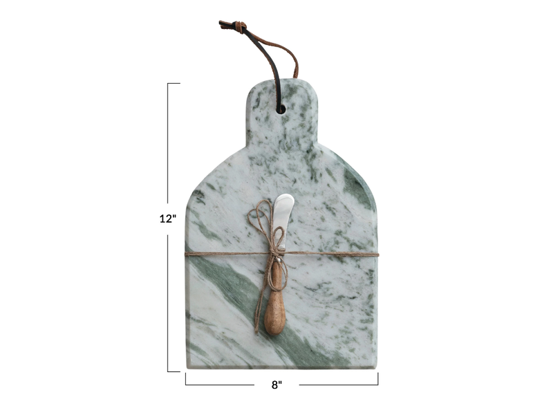 Creative Co-OP Marble Cheese/Cutting Board w/ Canape Knife, Green Melange, Set of 2