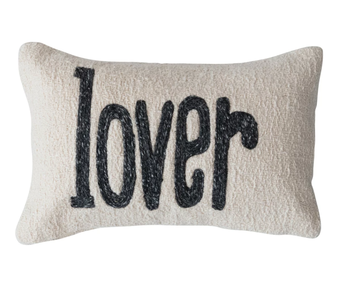 Woven Cotton Slub Embroidered Lumbar Pillow "lover"; 14"x9"