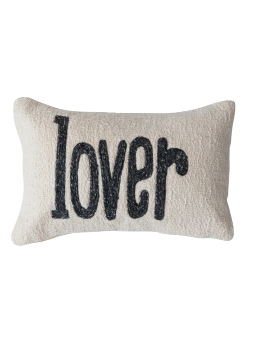 Woven Cotton Slub Embroidered Lumbar Pillow "lover"; 14"x9"