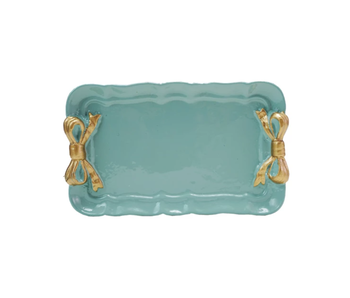 Decorative Metal Tray with Gold Finish Bows, Aqua