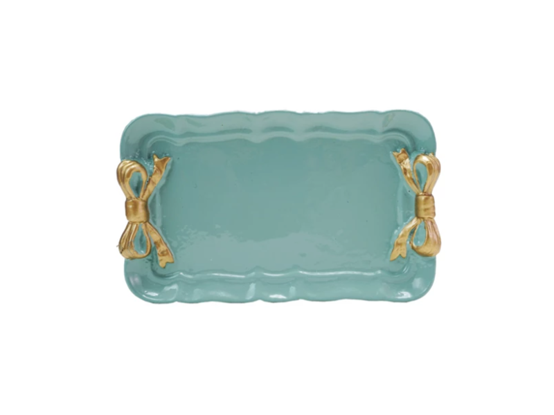 Creative Co-OP Decorative Metal Tray with Gold Finish Bows, Aqua