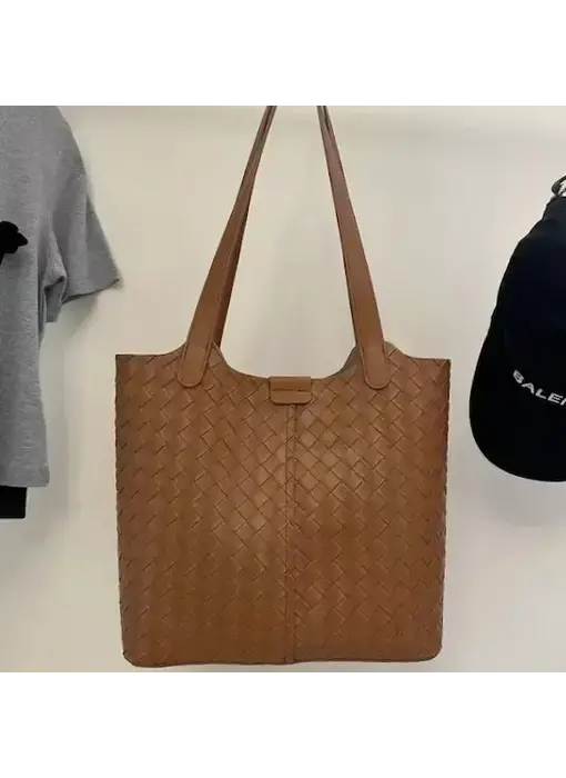 Woven Microfiber Leather Shoulder Bag + Crossbody Brown