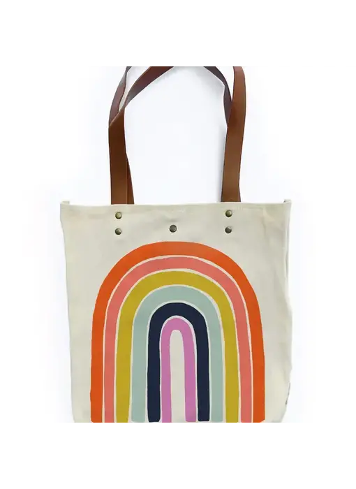 Rainbow Canvas Tote Bag with Vegan Leather Handles