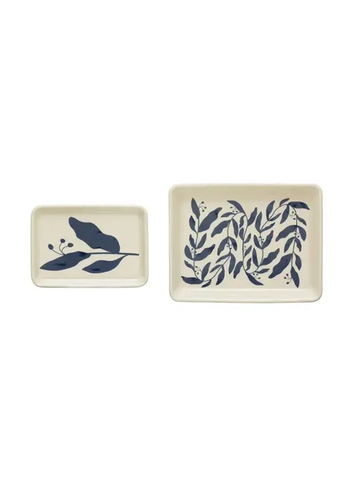 Stoneware Plates w/ Botanicals, Blue & Cream Color, Small